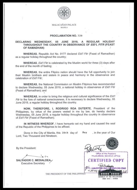 Proclamation No. 730, s. 2019 .